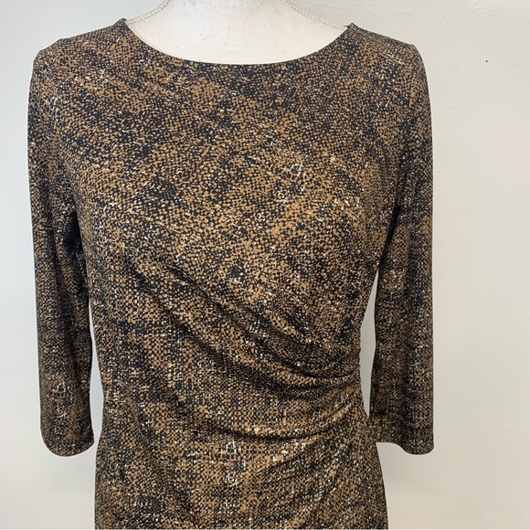 Talbots Midi Dress  MP Brown Print Ruched  3/4 Sleeve Stretch Office Travel Work - Picture 2 of 8